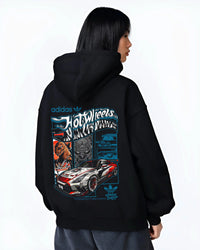 Black hoodie worn by a female model, back view, featuring NISSAN gt r ls racing drift jdm japanese street retro graphic.