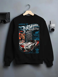 Black crewneck sweatshirt on a hanger against a grey wall, featuring NISSAN gt r ls racing drift jdm japanese street retro graphic.