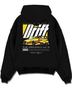 Black pullover hoodie laid flat on a white background, featuring racing drift jdm japanese tuner street legend performance graphic.