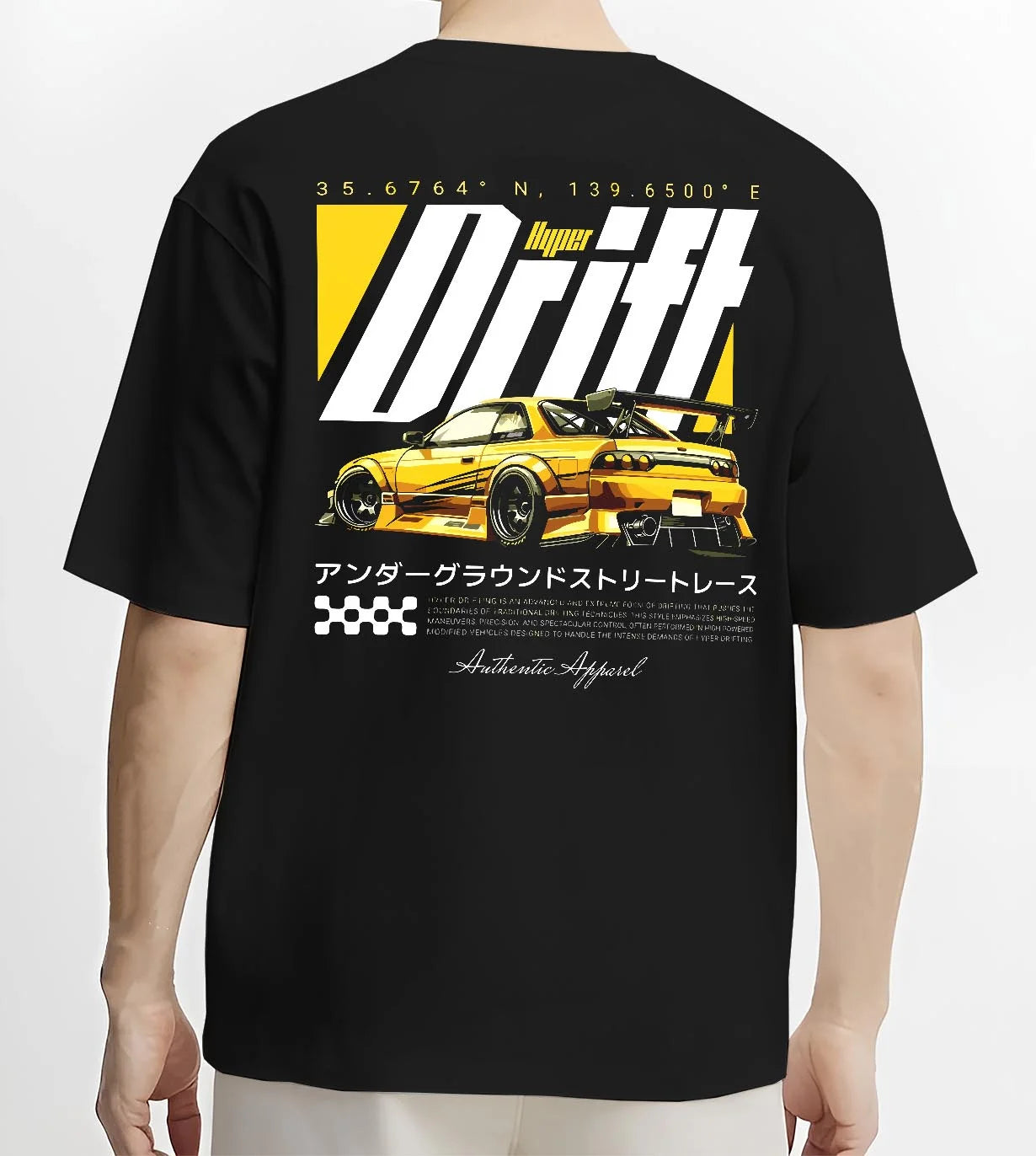 Black T-shirt worn by a male model, back view, featuring racing drift jdm japanese tuner street legend performance graphic.