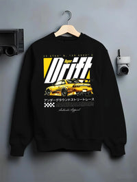 Black crewneck sweatshirt on a hanger against a grey wall, featuring racing drift jdm japanese tuner street legend graphic.