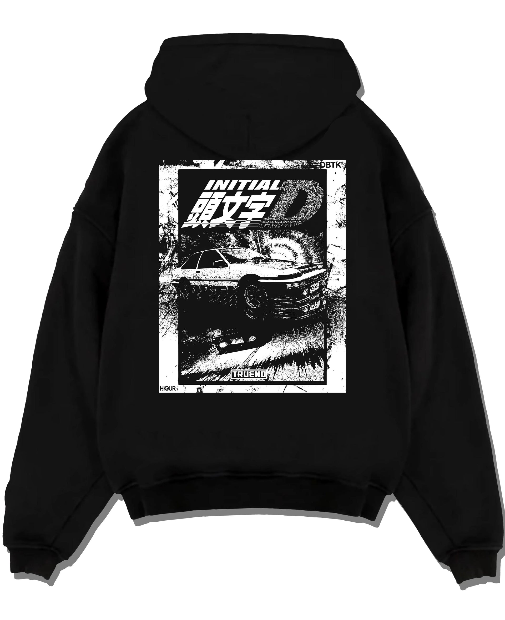 Black pullover hoodie laid flat on a white background, featuring racing drift jdm japanese initial d street legend graphic.