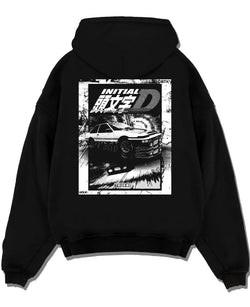 Black pullover hoodie laid flat on a white background, featuring racing drift jdm japanese initial d street legend graphic.