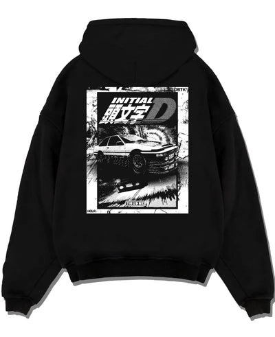 Black pullover hoodie laid flat on a white background, featuring racing drift jdm japanese initial d street legend graphic.