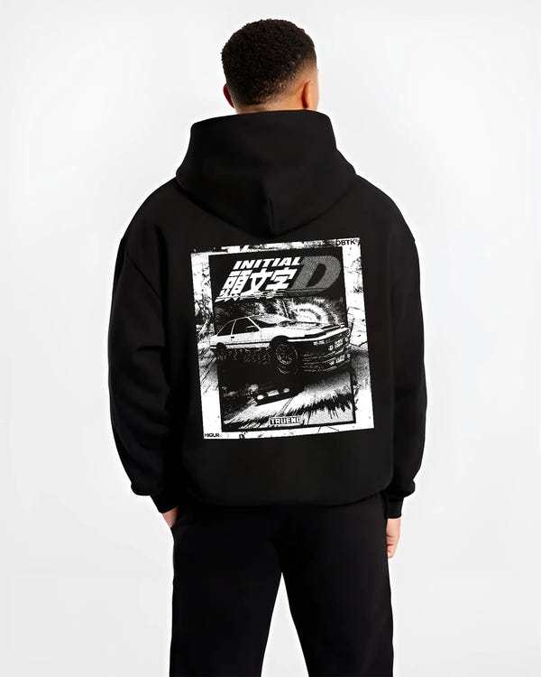 Black hoodie worn by a male model, back view, featuring racing drift jdm japanese initial d street legend performance graphic.