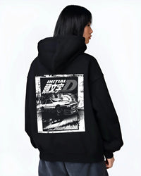 Black hoodie worn by a female model, back view, featuring racing drift jdm japanese initial d street legend performance graphic.
