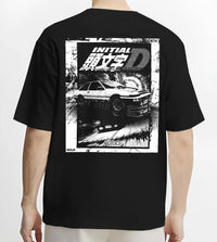 Black T-shirt worn by a male model, back view, featuring racing drift jdm japanese initial d street legend performance graphic.