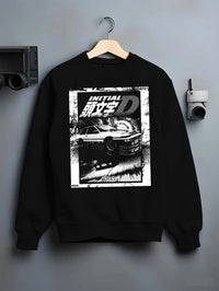 Black crewneck sweatshirt on a hanger against a grey wall, featuring racing drift jdm japanese initial d street legend graphic.