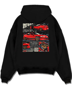 Black pullover hoodie laid flat on a white background, featuring Honda Integra drift jdm japanese tuning racing street graphic.