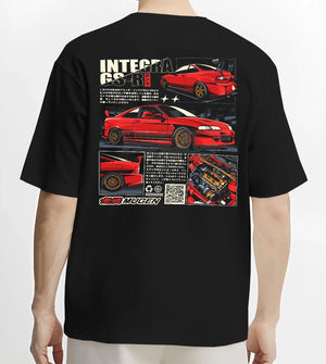 Black T-shirt worn by a male model, back view, featuring Honda Integra drift jdm japanese tuning racing street graphic.