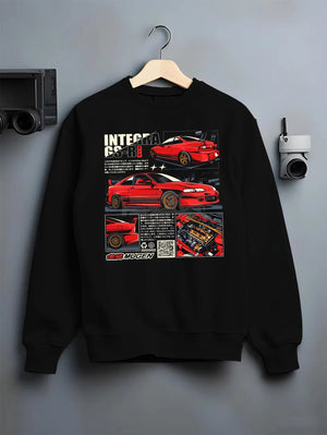 Black crewneck sweatshirt on a hanger against a grey wall, featuring Honda Integra drift jdm japanese tuning racing street graphic.