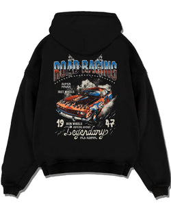Black pullover hoodie laid flat on a white background, featuring rs ls racing muscle vintage street performance motorsport graphic.