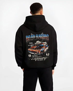 Black hoodie worn by a male model, back view, featuring rs ls racing muscle vintage street performance motorsport graphic.
