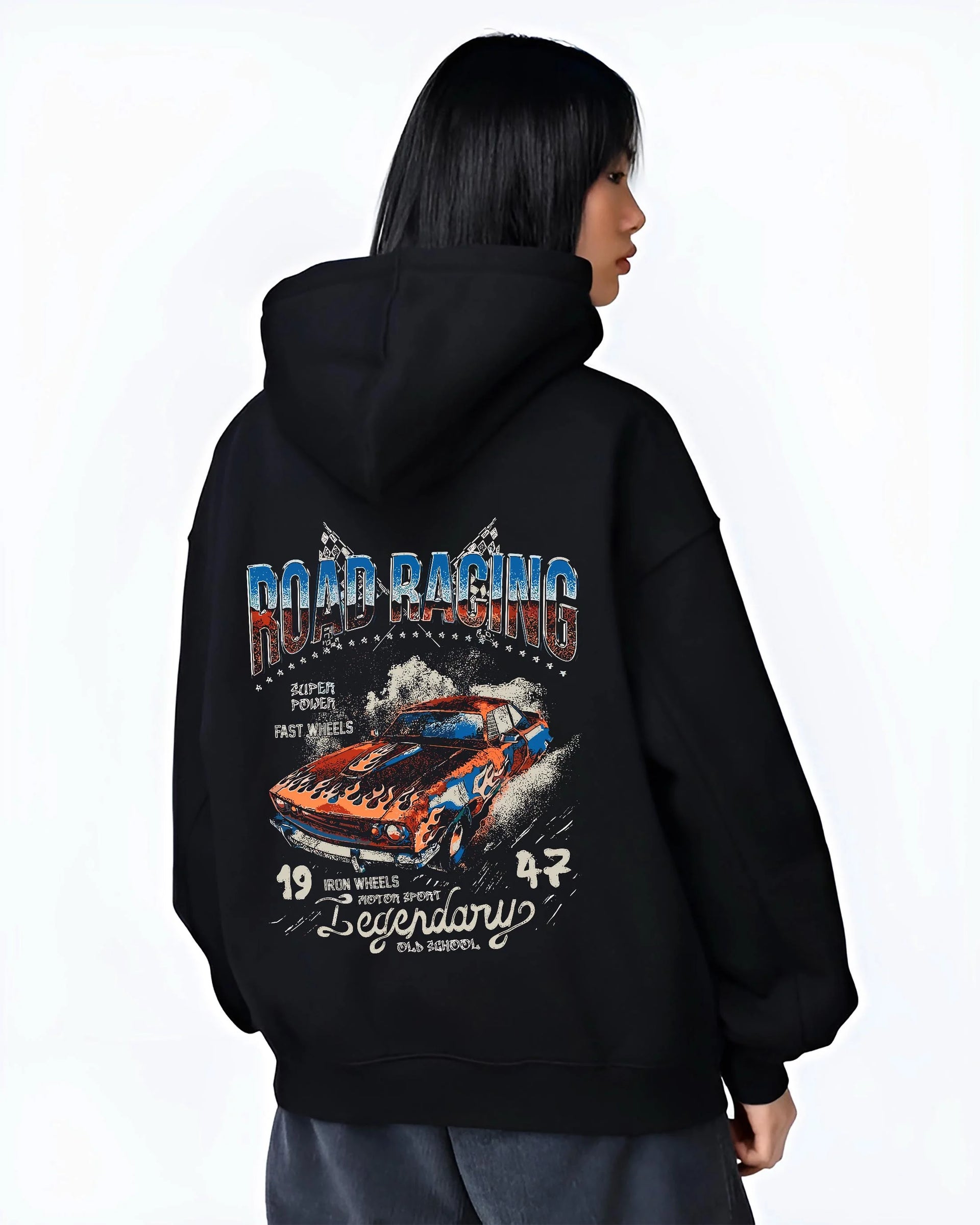 Black hoodie worn by a female model, back view, featuring rs ls racing muscle vintage street performance motorsport graphic.