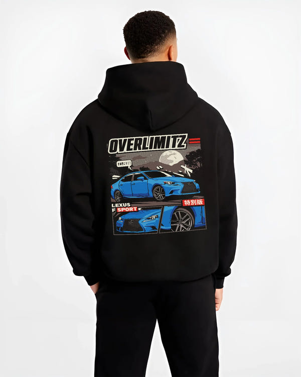 Black hoodie worn by a male model, back view, featuring Lexus IS250 jdm street racing performance motorsport automotive graphic.