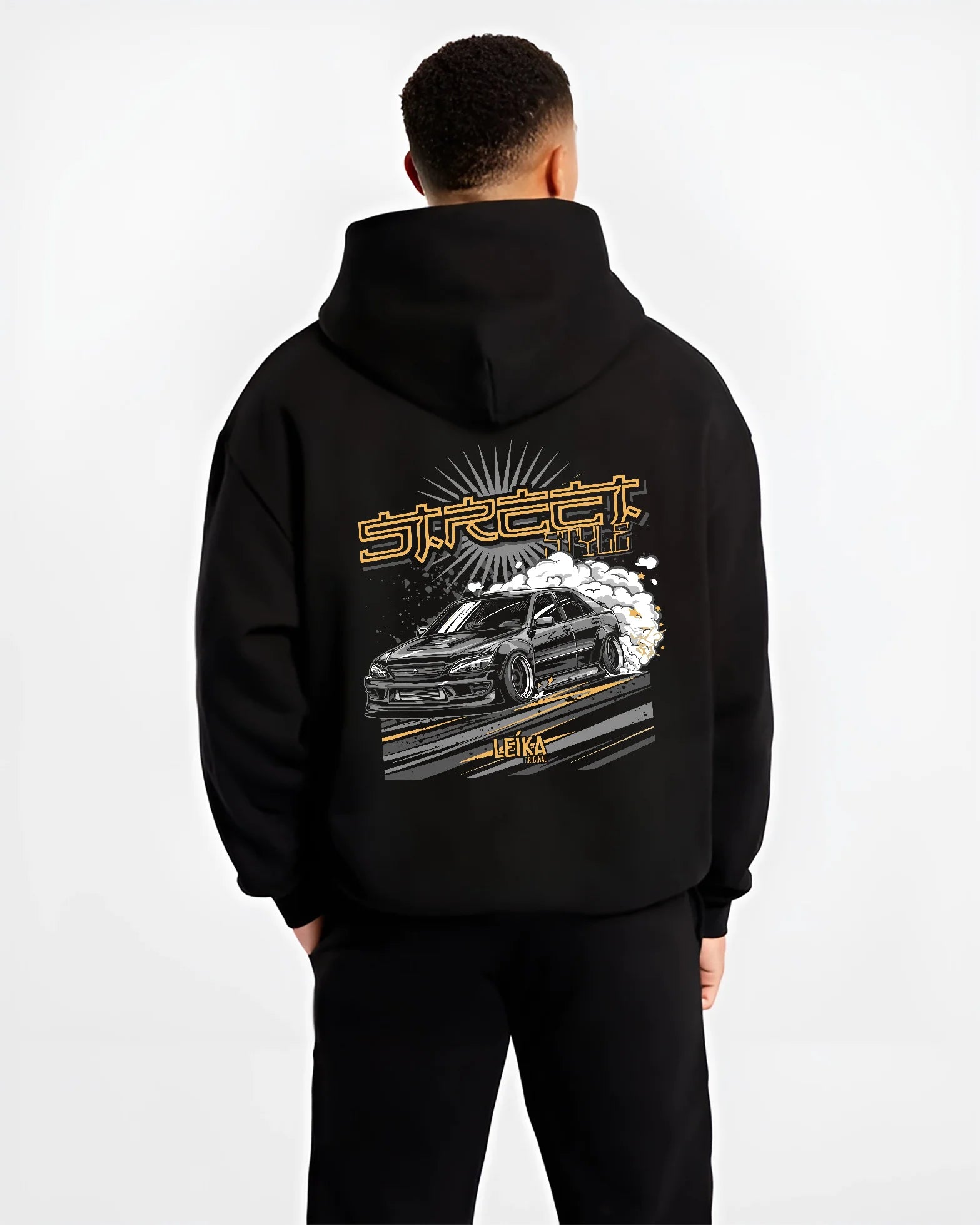 Black hoodie worn by a male model, back view, featuring Lexus rs drift tuner street enthusiast racing performance graphic.