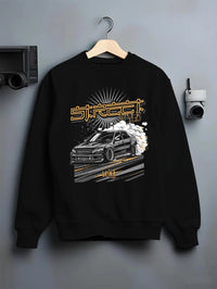 Black crewneck sweatshirt on a hanger against a grey wall, featuring Lexus rs drift tuner street enthusiast racing graphic.