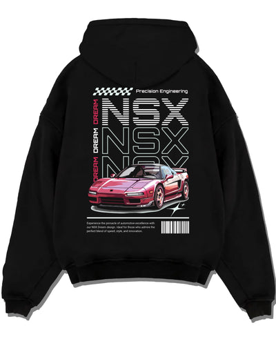 Black pullover hoodie laid flat on a white background, featuring Honda rs racing motorsport jdm street classic performance graphic.