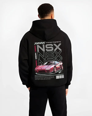 Black hoodie worn by a male model, back view, featuring Honda rs racing motorsport jdm street classic performance graphic.