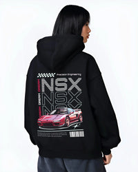 Black hoodie worn by a female model, back view, featuring Honda rs racing motorsport jdm street classic performance graphic.