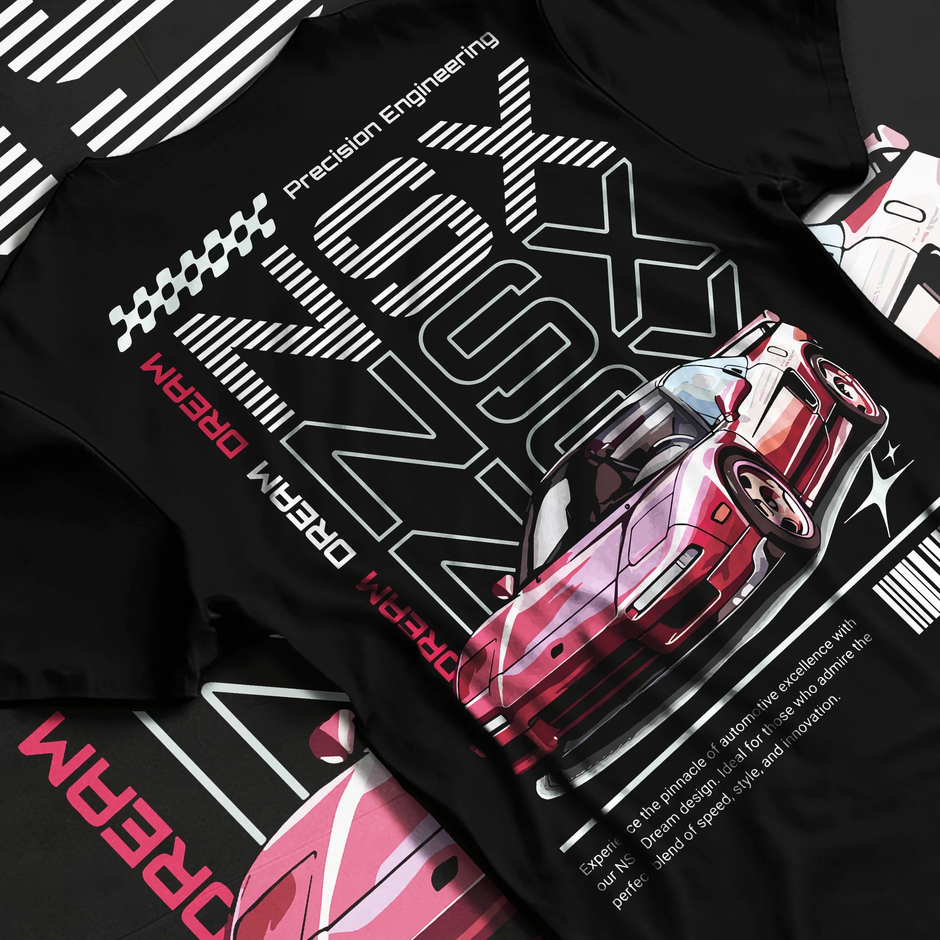 Black T-shirt laid flat with natural fabric folds, featuring Honda rs racing motorsport jdm street classic performance graphic.