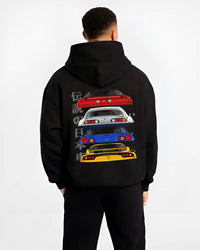 Black hoodie worn by a male model, back view, featuring drift jdm japanese tuner legend racing street performance graphic.