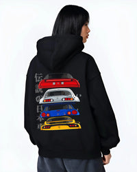 Black hoodie worn by a female model, back view, featuring drift jdm japanese tuner legend racing street performance graphic.