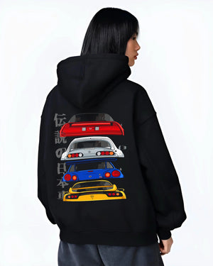 Black hoodie worn by a female model, back view, featuring drift jdm japanese tuner legend racing street performance graphic.