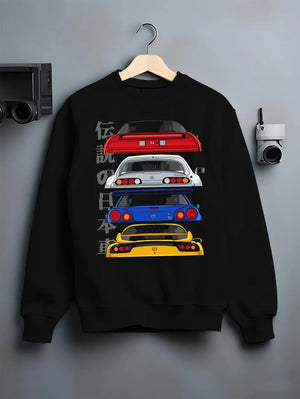 Black crewneck sweatshirt on a hanger against a grey wall, featuring drift jdm japanese tuner legend racing street graphic.