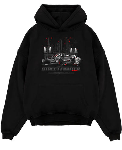 Black pullover hoodie laid flat on a white background, featuring rs racing drift jdm tuner street enthusiast performance graphic.
