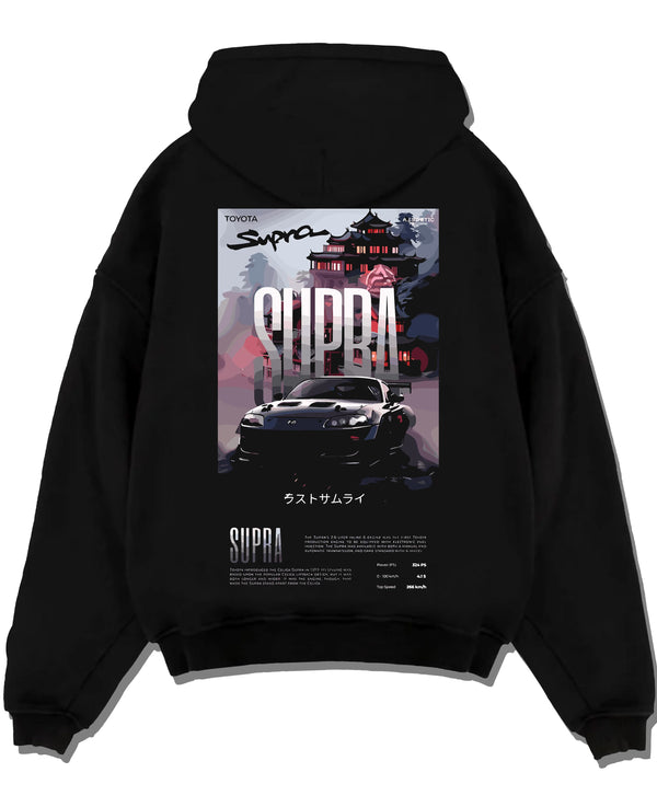 Black pullover hoodie laid flat on a white background, featuring Toyota Supra racing jdm japanese enthusiast street graphic.