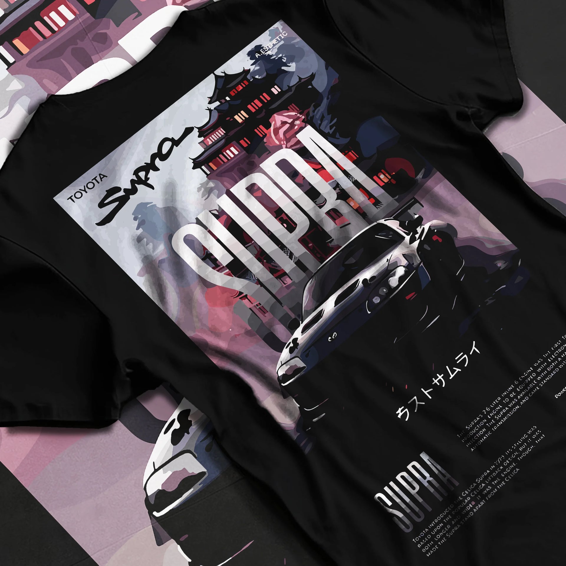 Black T-shirt laid flat with natural fabric folds, featuring Toyota Supra racing jdm japanese enthusiast street performance graphic.