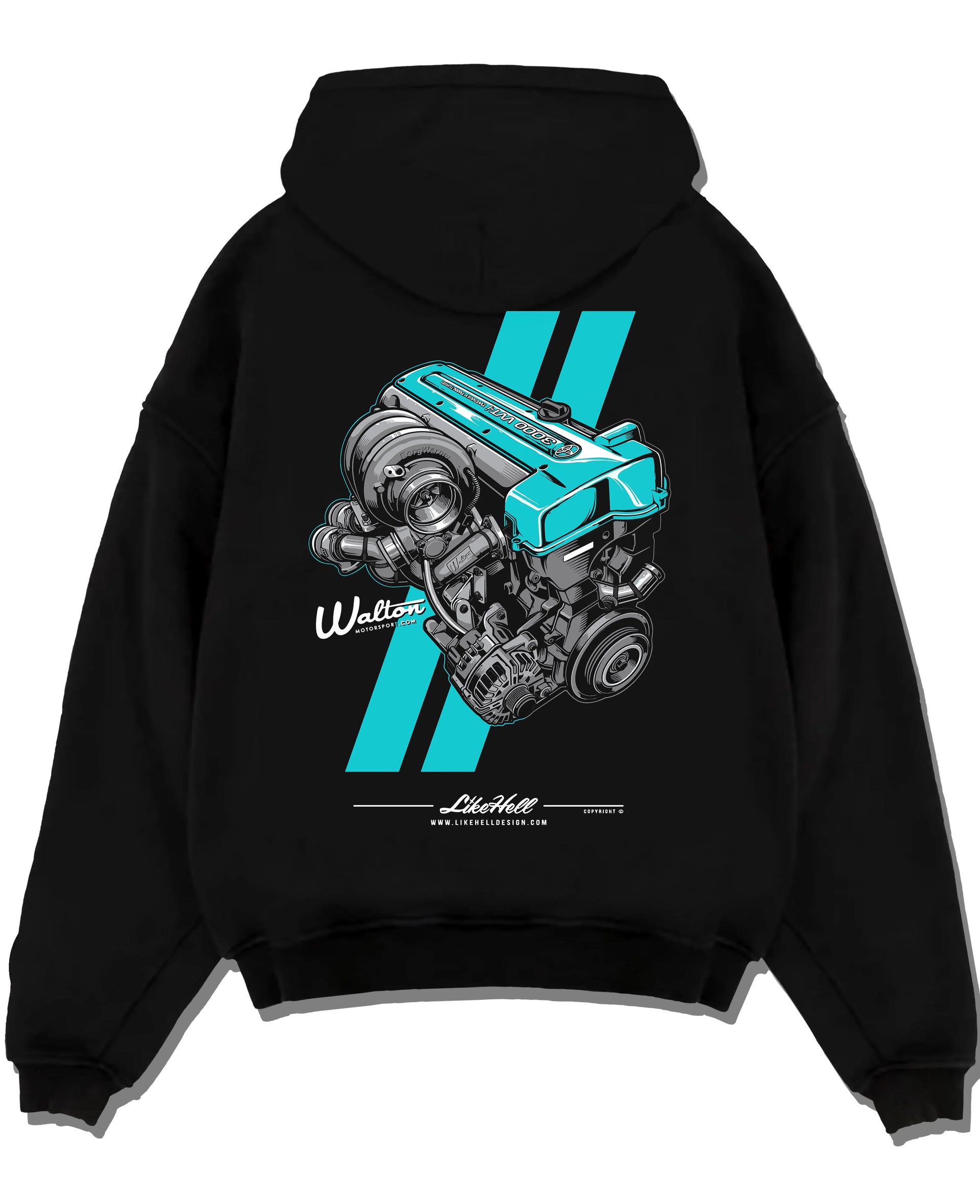 Black pullover hoodie laid flat on a white background, featuring Toyota turbo 2jz drift jdm japanese tuner enthusiast graphic.