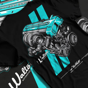 Black T-shirt laid flat with natural fabric folds, featuring Toyota turbo 2jz drift jdm japanese tuner enthusiast graphic.