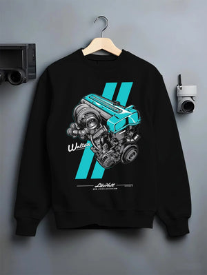Black crewneck sweatshirt on a hanger against a grey wall, featuring Toyota turbo 2jz drift jdm japanese tuner enthusiast graphic.