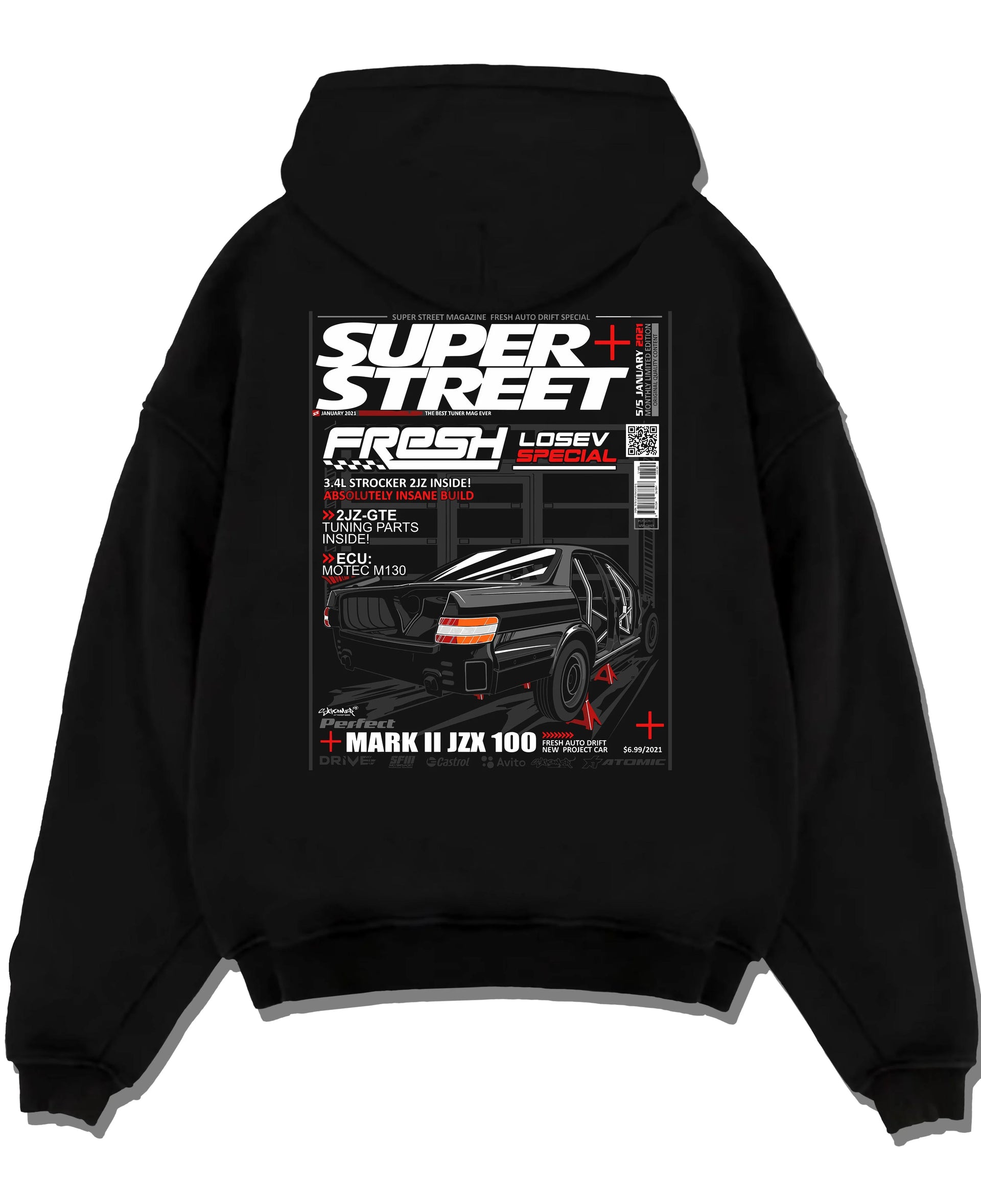 Black pullover hoodie laid flat on a white background, featuring Toyota JZX100 turbo drift street racing performance graphic.