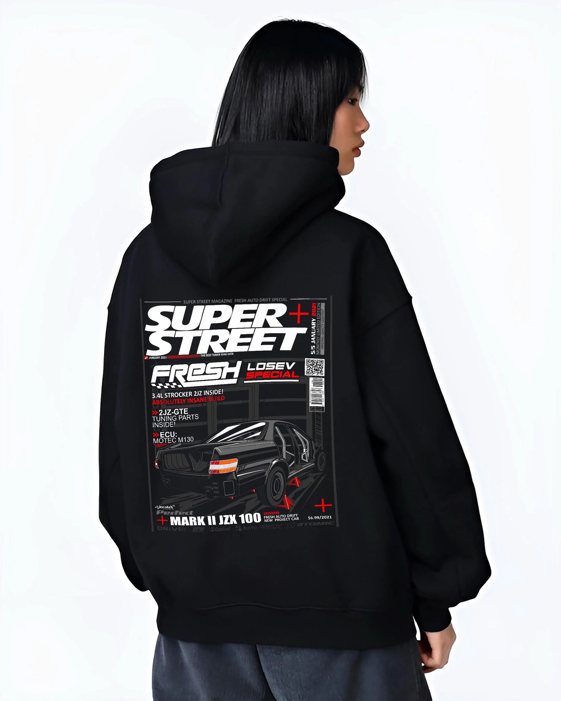 Black hoodie worn by a female model, back view, featuring Toyota JZX100 turbo drift street racing performance motorsport graphic.