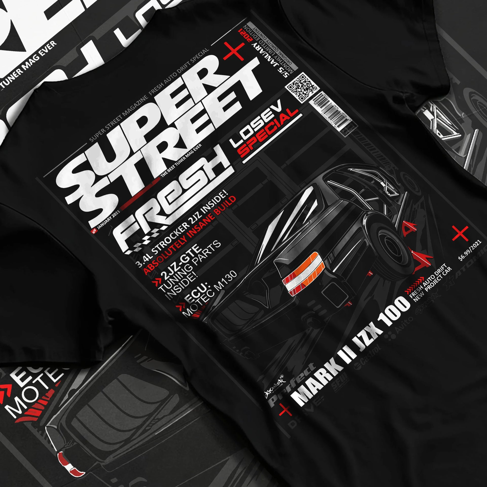 Black T-shirt laid flat with natural fabric folds, featuring Toyota JZX100 turbo drift street racing performance motorsport graphic.