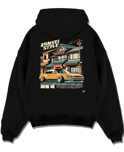 Black pullover hoodie laid flat on a white background, featuring racing drift jdm japanese street performance motorsport kansei.