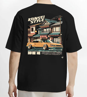 Black T-shirt worn by a male model, back view, featuring racing drift jdm japanese street performance motorsport automotive kansei.