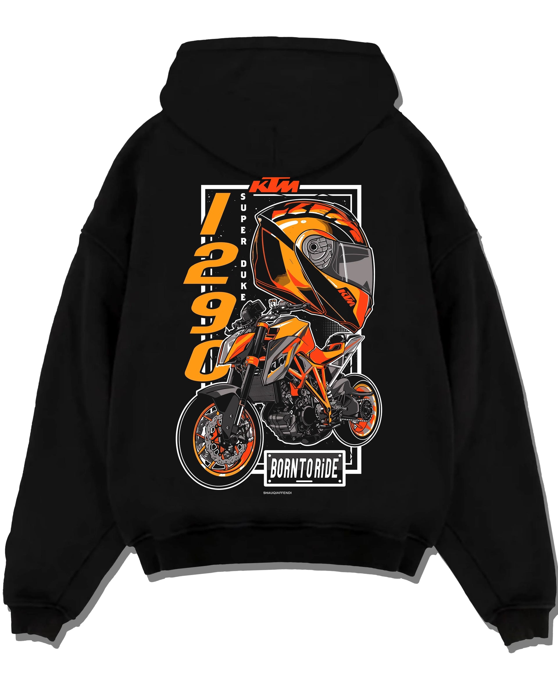 Black pullover hoodie laid flat on a white background, featuring KTM racing street performance motorsport automotive graphic.