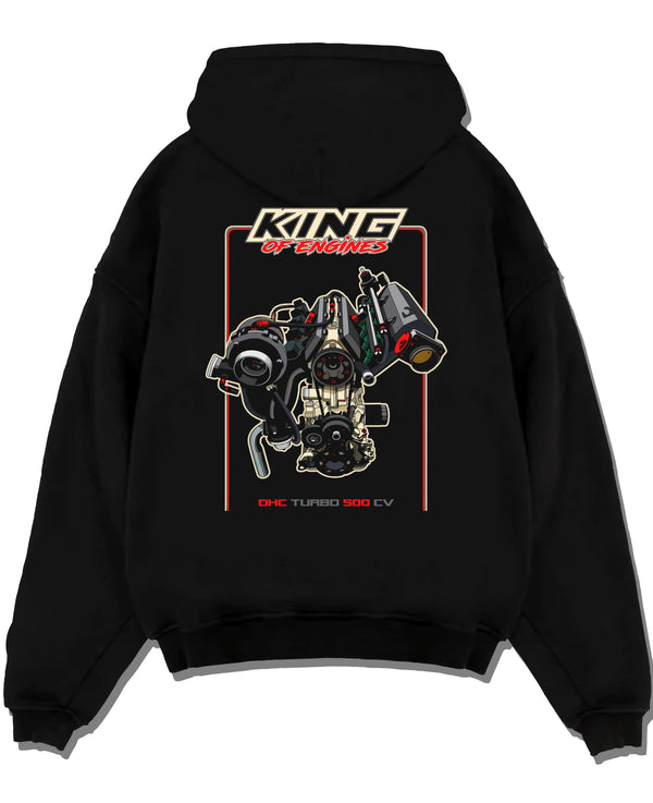 Black pullover hoodie laid flat on a white background, featuring rs turbo racing street power performance motorsport graphic.