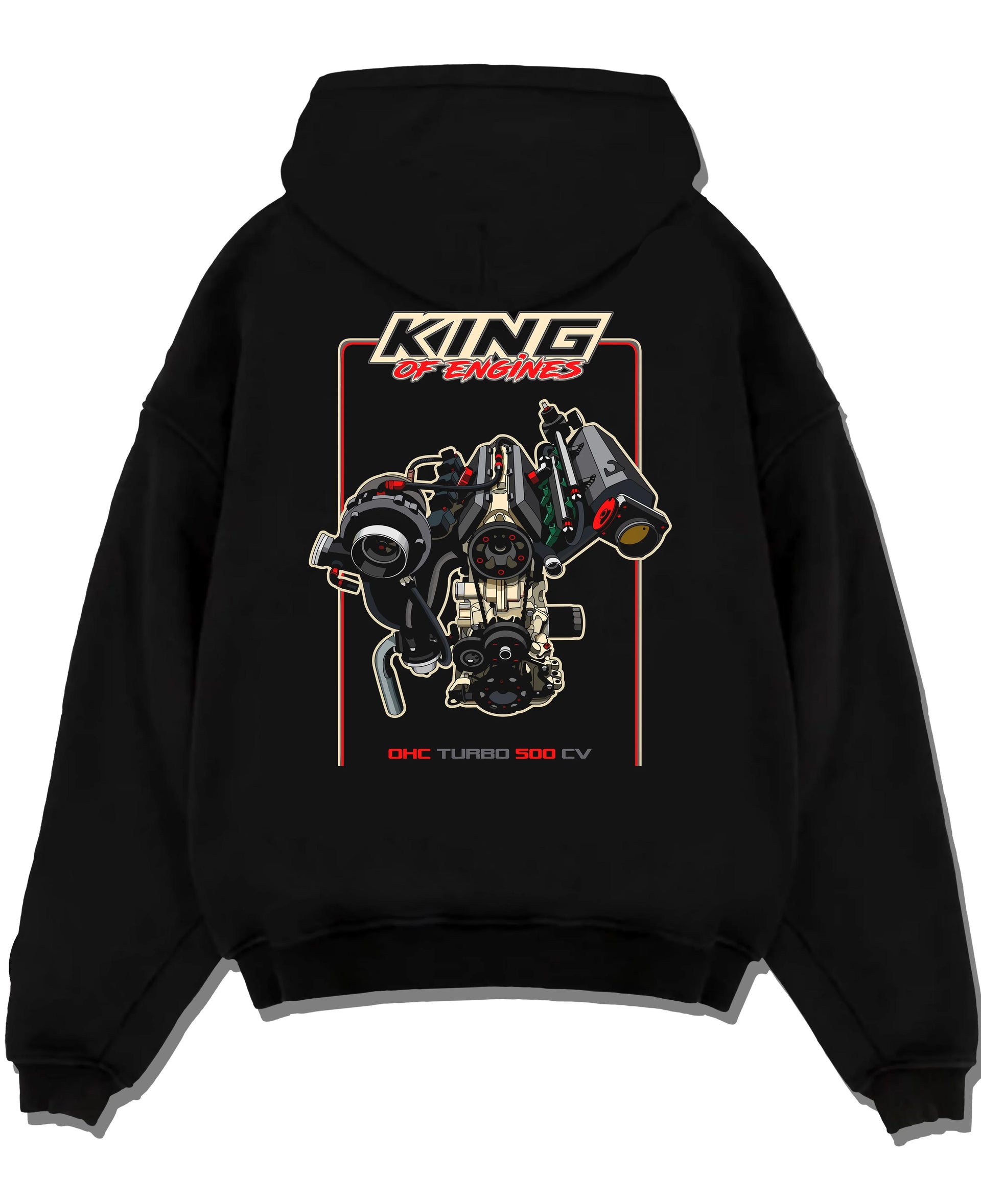 Black pullover hoodie laid flat on a white background, featuring rs turbo racing street power performance motorsport graphic.