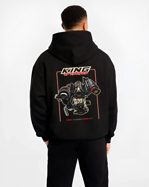 Black hoodie worn by a male model, back view, featuring rs turbo racing street power performance motorsport automotive graphic.