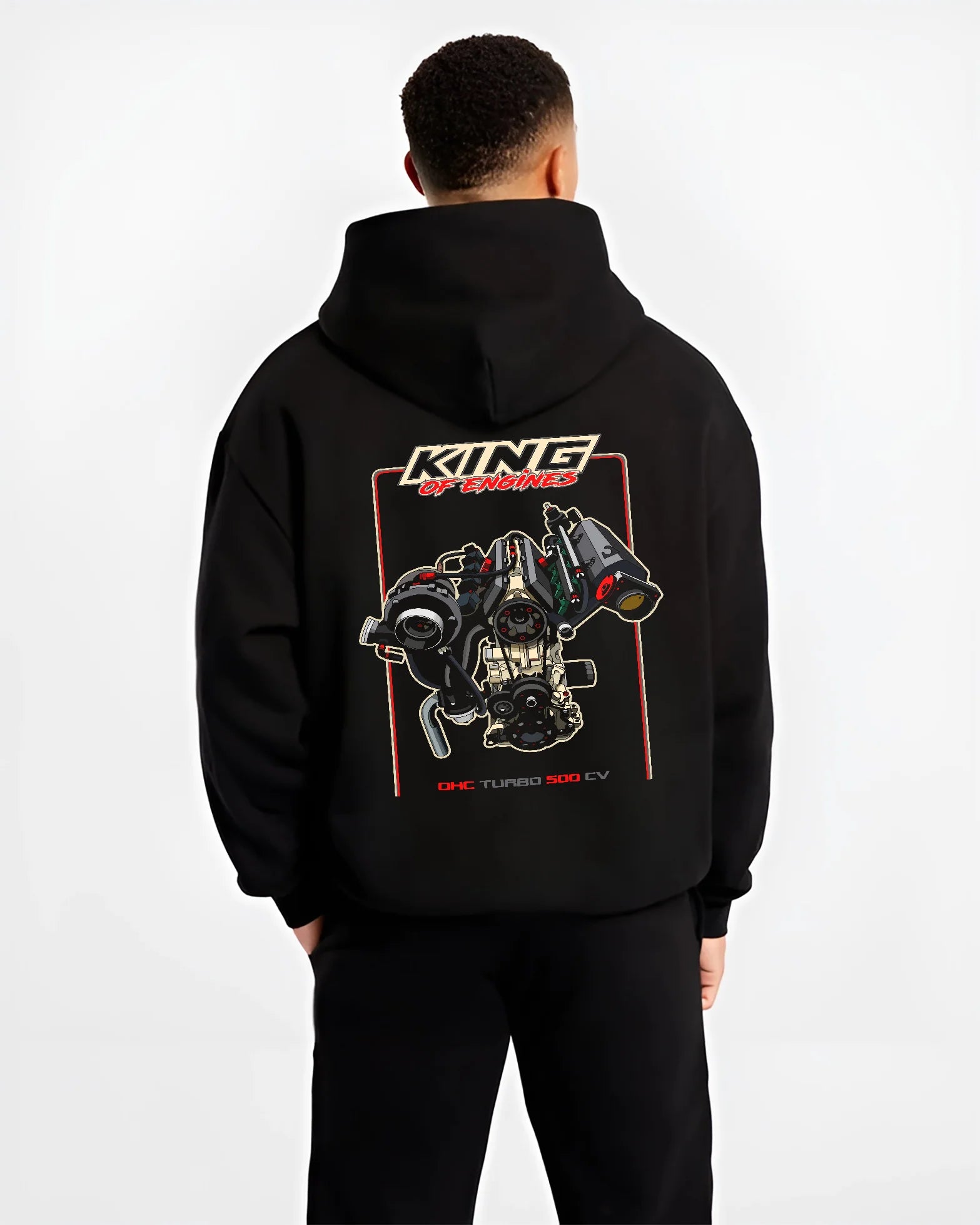 Black hoodie worn by a male model, back view, featuring rs turbo racing street power performance motorsport automotive graphic.