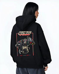 Black hoodie worn by a female model, back view, featuring rs turbo racing street power performance motorsport automotive graphic.