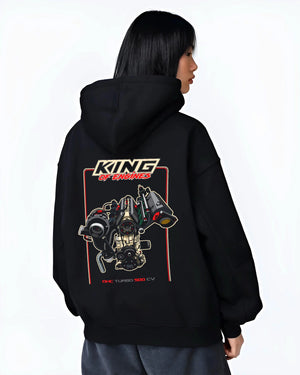 Black hoodie worn by a female model, back view, featuring rs turbo racing street power performance motorsport automotive graphic.