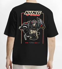 Black T-shirt worn by a male model, back view, featuring rs turbo racing street power performance motorsport automotive graphic.