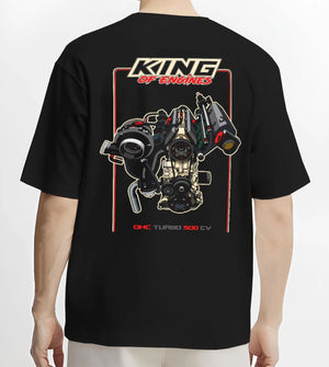 Black T-shirt worn by a male model, back view, featuring rs turbo racing street power performance motorsport automotive graphic.