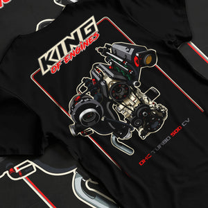 Black T-shirt laid flat with natural fabric folds, featuring rs turbo racing street power performance motorsport automotive graphic.